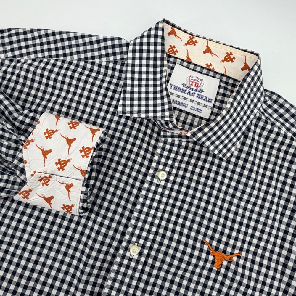 Thomas Dean Texas Longhorns Shirt XL Navy Gingham Cotton Contrast Cuff Mens